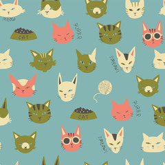 Cute seamless pattern with cats in doodle style. Hand drawn vector illustration.