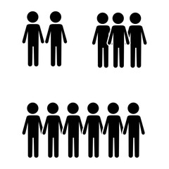 Icon, symbol of a group of people. Vector illustration of people in black on a white background. Several groups of people hold hands. Stock Photo.