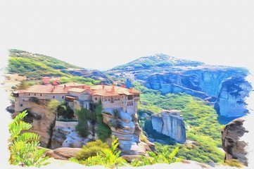 Greece. Meteora. Monastery on a rock. Imitation of a picture. Oil paint. Illustration