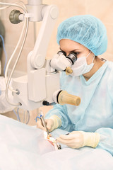 People at hospital background. Blue medical backdrop. Healthcare support. Cardiology sick patient. Ophtalmology medicine device. Operation room inside. Eye clinic concept. Vertical