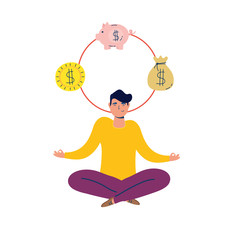 elegant business man with lotus position with money icons