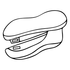 Stapler. Tool for fastening sheets of paper with metal staples inside. Vector illustration in doodle style. Contour on an isolated white background. Sketch. Office Chancellery. Coloring book for child
