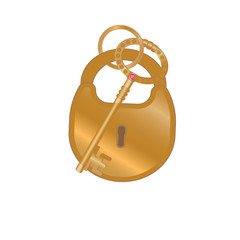 Cartoon padlock with key. Yellow or golden closed door lock. Vector illustration. Stock Photo.