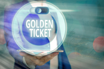 Handwriting text Golden Ticket. Conceptual photo Rain Check Access VIP Passport Box Office Seat...