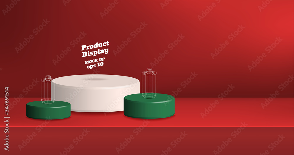 Aufkleber vector,empty vivid red gradient with white and green studio round kiosk stand background ,product di