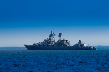 Warship. Missile cruiser. Military ship close-up. Fleet. Navy. Protection of the state's Maritime...