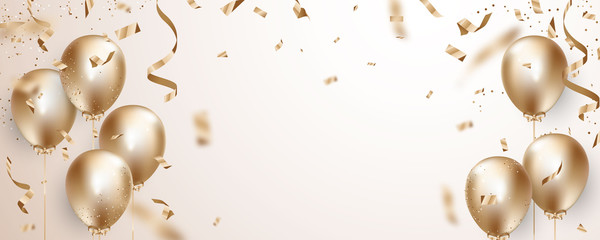 Celebration party banner with Gold balloons background. Sale Vector illustration. Grand Opening Card luxury greeting rich.
