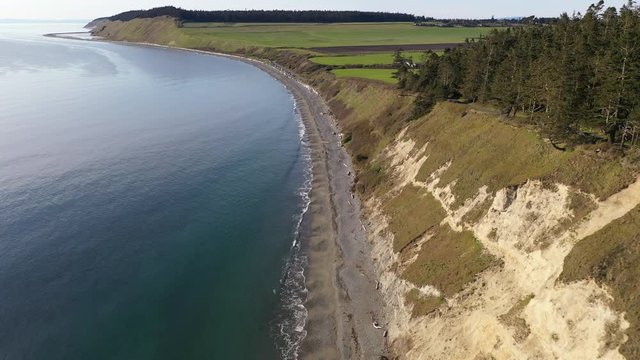 Aerial / drone footage of Ebey's Landing by Fort Casey State Park on Whidbey Island near Seattle, Washington during the COVID-19 pandemic closure