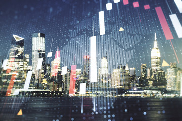 Multi exposure of virtual abstract financial graph hologram and world map on Manhattan cityscape...