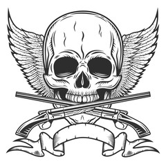 Vintage skull with wings, ribbon and crossed sawn-off shotgun monochrome isolated vector illustration - obrazy, fototapety, plakaty