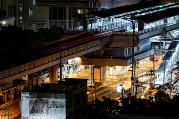 BANGKOK, THAILAND - APRIL 09, 2020 : BTS Onnut station, One of the station in Bangkok BTS skytrain. During the night time in the situation Curfew. Anti-Covid 19