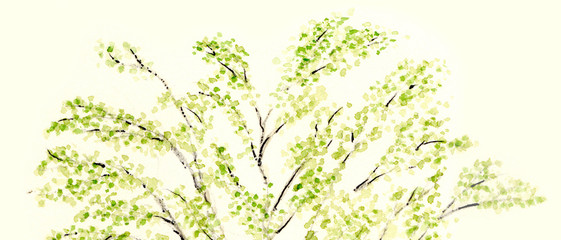 Obraz na płótnie Canvas 枝葉を広げる樹木の水彩画