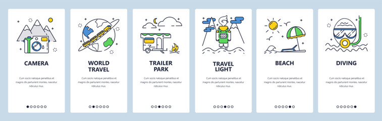 Worldwide travel website and mobile app onboarding screens vector template