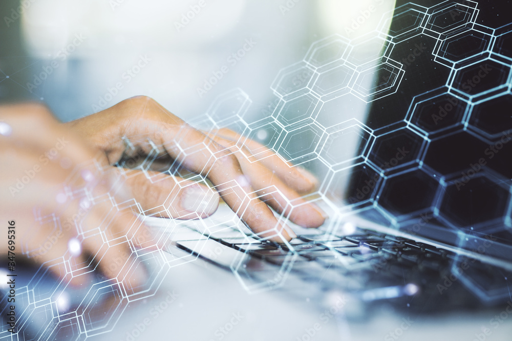 Poster creative abstract wireless technology hologram with hexagon and hands typing on computer keyboard on