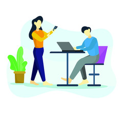 man and woman read news by smartphone and laptop in caffe or living room flat illustration, use for  illustration news or landing page