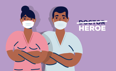 afro doctors couple using face masks for covid19