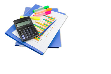 pencil, calculator, Blue file, graph sheet, Color highlight pen on white background isolated, concept Office equipment copy space