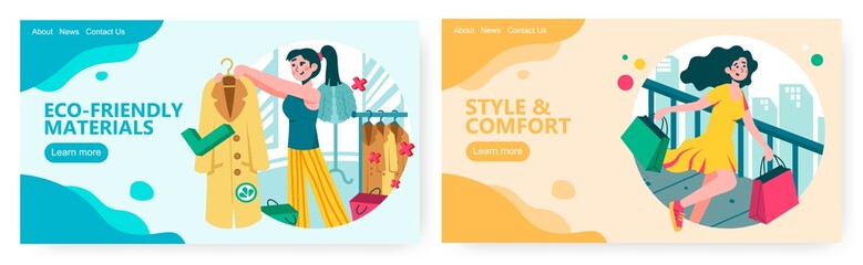 Young woman try eco friendly coat in fashion clothes store. Cruelty free dress concept illustration. Shopping, sale. Vector web site design template. Landing page website illustration
