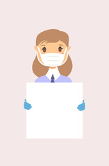 Male and female character with board. Cartoon masked people in gloves. Isolated avatar. Flat illustration protected men and women face. Hand drawn vector drawing safe girl and boy portrait