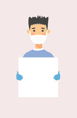 Male and female character with board. Cartoon masked people in gloves. Isolated avatar. Flat illustration protected men and women face. Hand drawn vector drawing safe girl and boy portrait