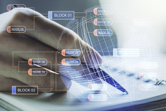 Multi exposure of abstract graphic coding sketch with world map and man hand writing in diary on background, big data and networking concept