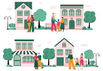 Happy family in front of residential building, vector illustration