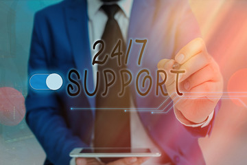 Writing note showing 24 Or 7 Support. Business concept for Giving assistance to service whole day and night No downtime