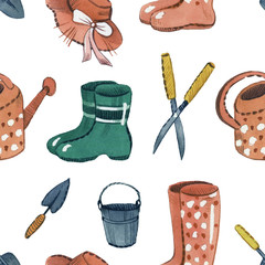 Pattern with watercolor garden elements. Gardening Tools. Watercolor illustration. - 347699774