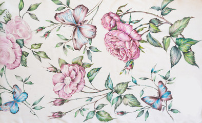 Butterfly and flower pattern hand drawn on silk