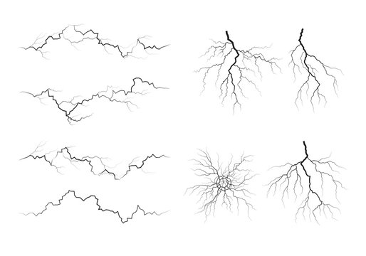 Set of lightning silhouettes. Thunderstorm isolated on white. Vector illustration