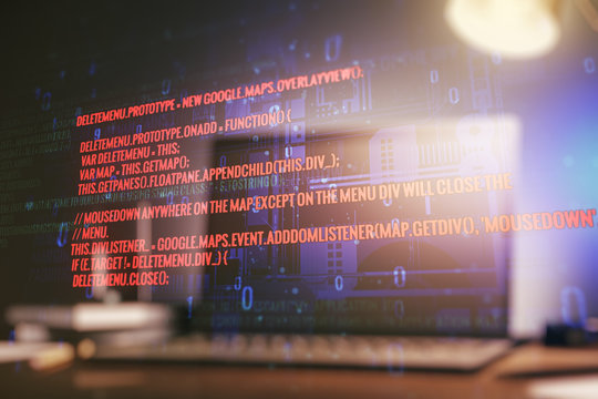 Multi exposure of abstract creative coding sketch on modern laptop background, artificial intelligence and neural networks concept