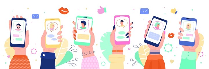 Virtual date and romantic chat on mobile devices, sketch vector illustration.