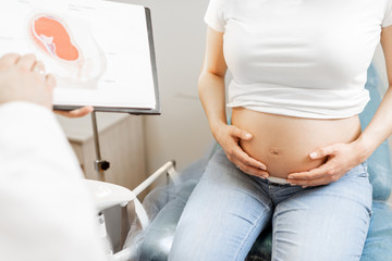 Doctor with pregnant woman during a medical consultation in gynecological office, showing some medical schemes for understanding, cropped view without faces, focused on abdomen