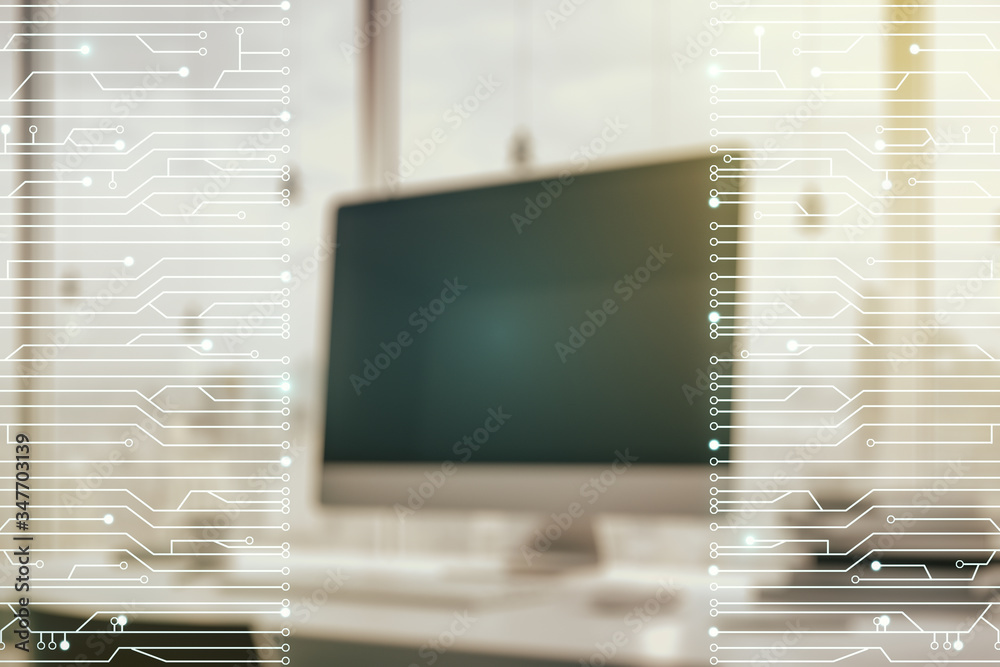 Poster creative abstract micro circuit sketch on modern laptop background, future technology and ai concept
