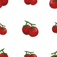Cherry tomatoes on a branch hand-drawn with gouache in a realistic style - seamless print. Tomato raster illustration isolated on a square white background