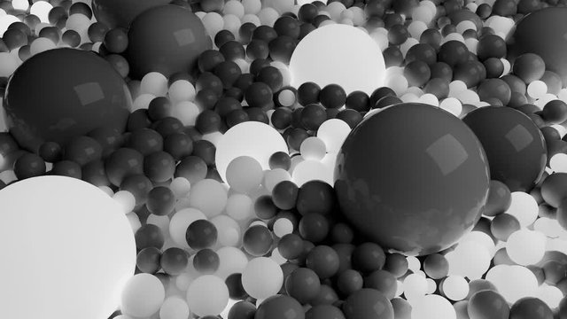 4k 3D seamless loop animation of beautiful gray and white small and large spheres or balls cover plane as abstract geometric background. Some spheres glow. 8