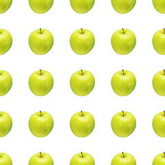 Pattern of green apples on a white background. Isolated fruits. Image for fabric, wallpaper and wrapping paper.