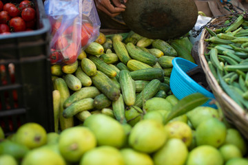 Local Indian vendor assorting fresh tomatoes in a plastic bag during lock down period in India. Indian vegetable vendor and lock down