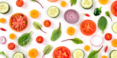 Fresh summer vegetables, a flat lay panorama on a white background, vibrant food pattern, shot from the top