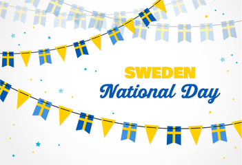 National Day of Sweden, independence day. Vector banner background with bunting of Swedish flags. Background for greeting Card, Poster, Web Banner Design