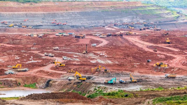 4K. Time lapse drilling machine and Truck in Coal Mines pit lignite mine Quarry