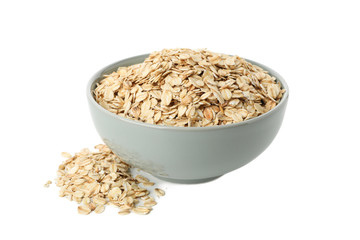 Bowl with oatmeal flakes isolated on white background