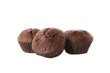Delicious chocolate muffins isolated on white background