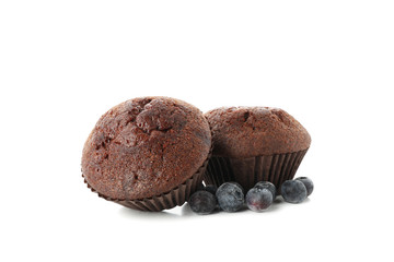 Delicious chocolate muffins isolated on white background