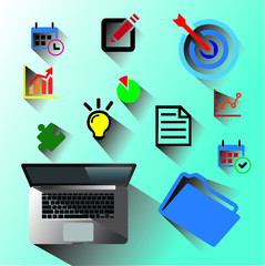 Vector set of 12 flat business icons with long shadow. Vector set of 12 business icons