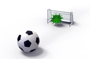 3D rendering of sport event cancellation. Coronavirus impact football. CoronaVirus as a goalkeeper. Cancellation of football matches concept.  Stadium event canceled due to coronavirus. 