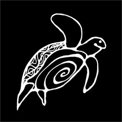 Illustration of a wise tortoise. Swimming turtle in motion with ornament. Chalk on a blackboard.