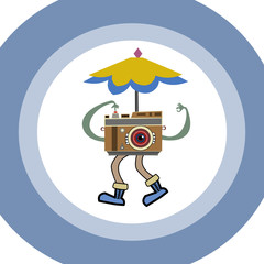 Vintage camera cartoon are point to shutter button on blue ray background.