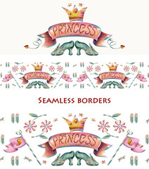 Seamless drawing, borders with children 's elements. Separate composition of Princess 's coat of arms. Manual digital the drawing