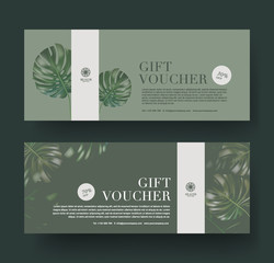Gift Voucher Template Promotion Sale discount, Minimal green and leaf for Spa luxury hotel resort, Cosmetic texture Monstera leaf background, vector illustration - obrazy, fototapety, plakaty